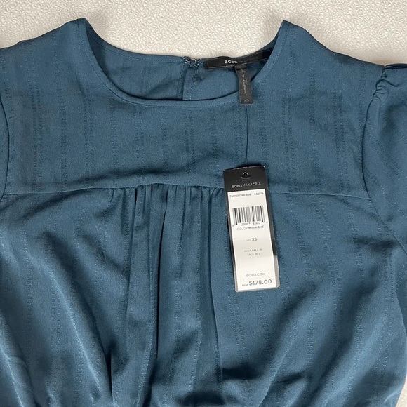 Bcbgmaxazria Ruched Bishop Sleeve Peplum Top Midnight Size XS NWT - Picture 8 of 12